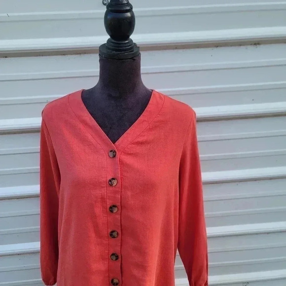 Chelsea & Theodore Dress PL Petite Women's Red Linen Blend Button Front Long Sle - Picture 6 of 9